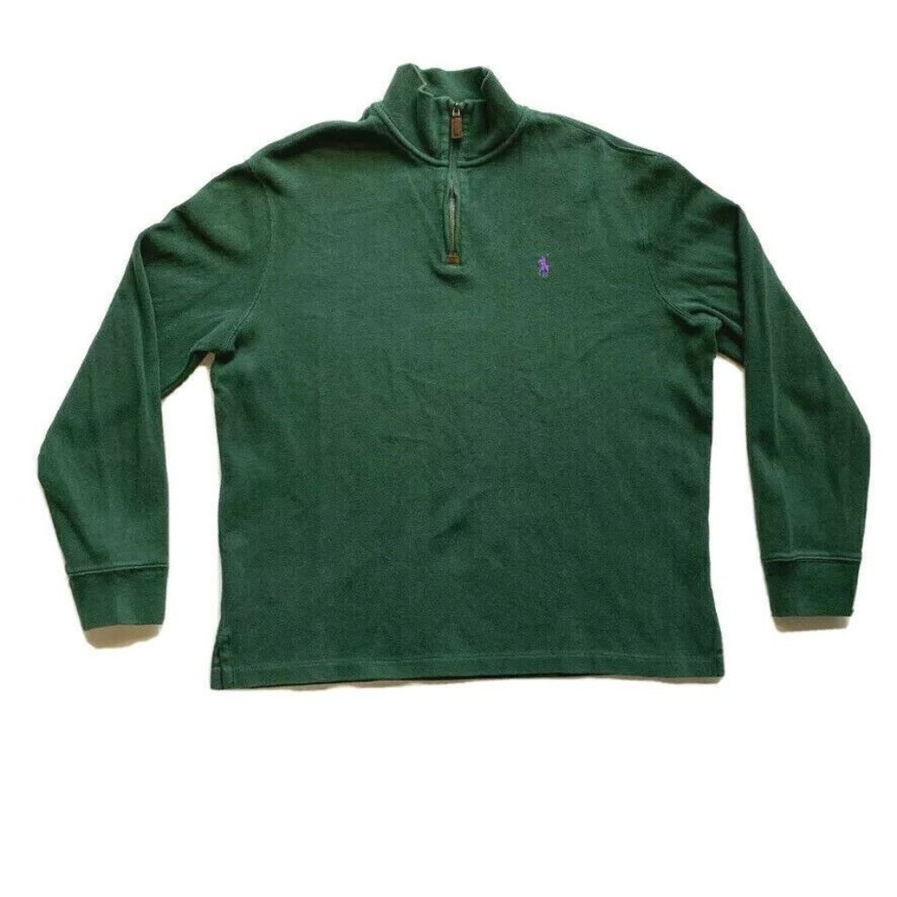 Polo Ralph Lauren Sweater Pullover 1/4 Zip Mock Neck Cotton Pony Green Thick L